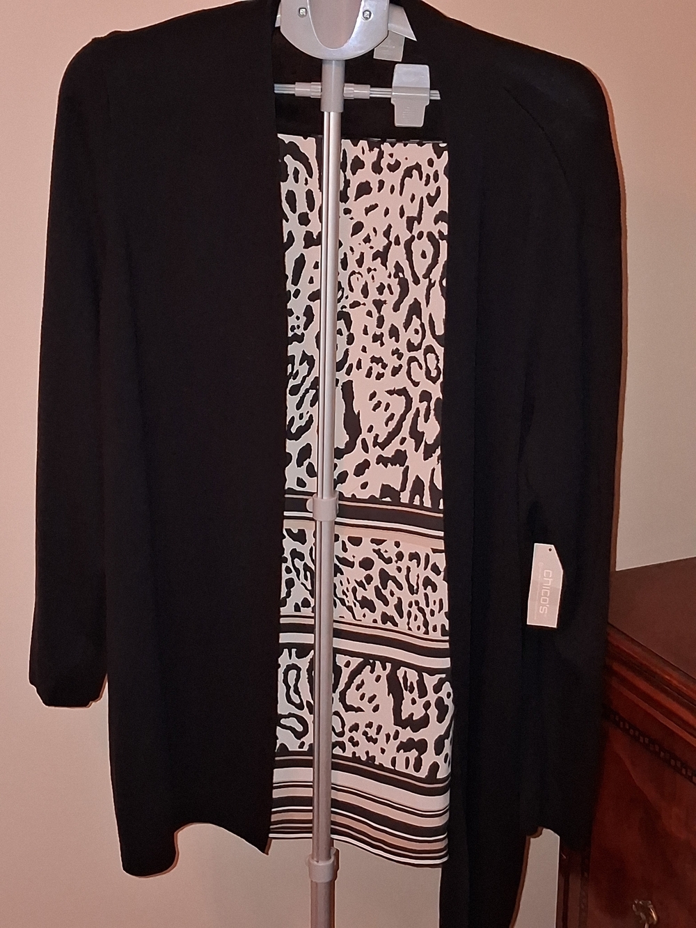 Chico's Black Open-Front Sweater Cardigan with Printed Insert